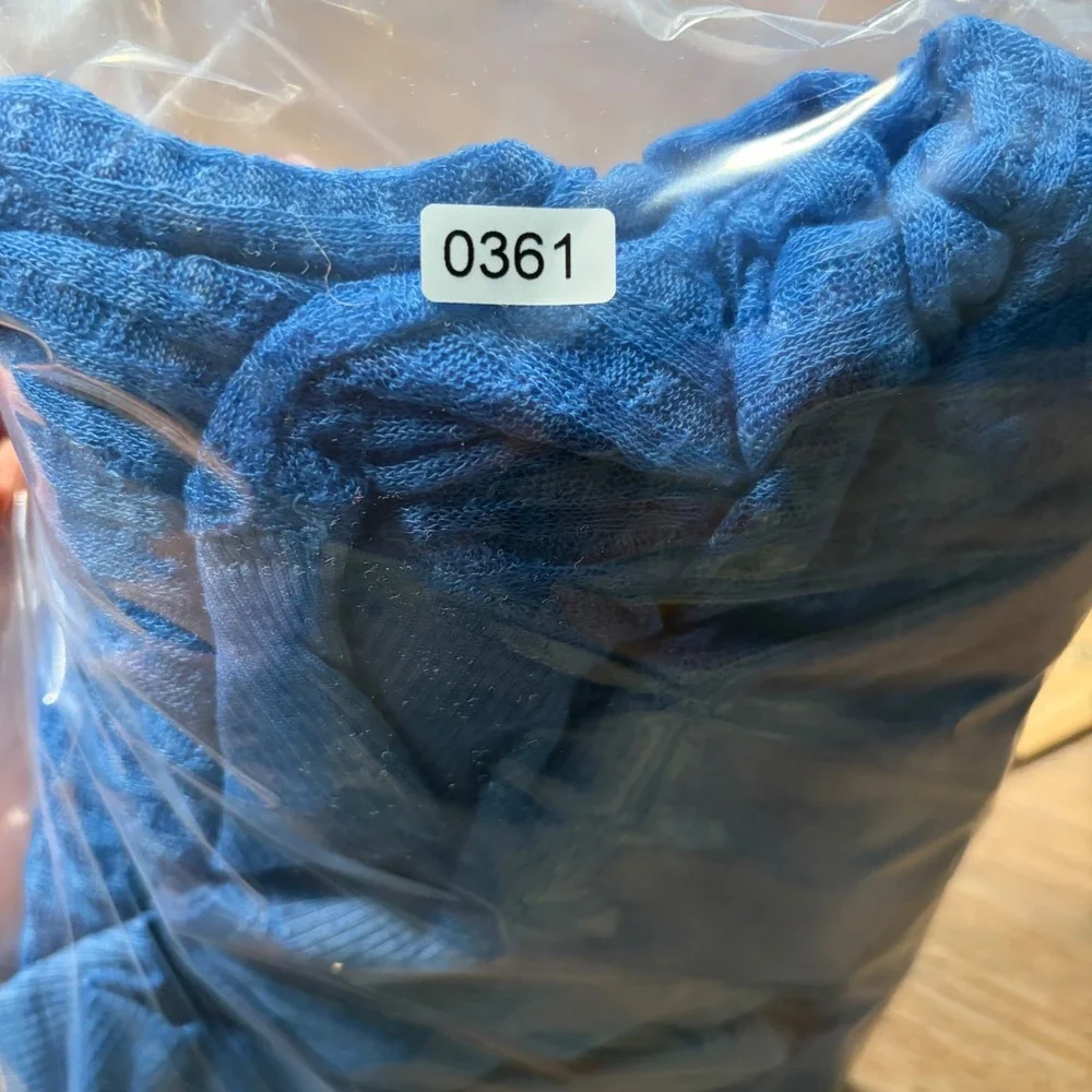 We The Free Free People Blue Waffle Knit Off Shoulder Thermal Top XS 0361